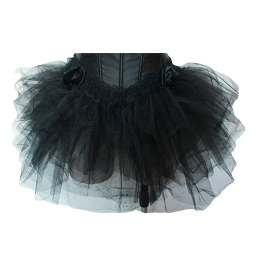 Black tutu skirt with layered tulle, creating a voluminous, elegant look. The fabric is rich and textured, conveying a sense of drama and sophistication.