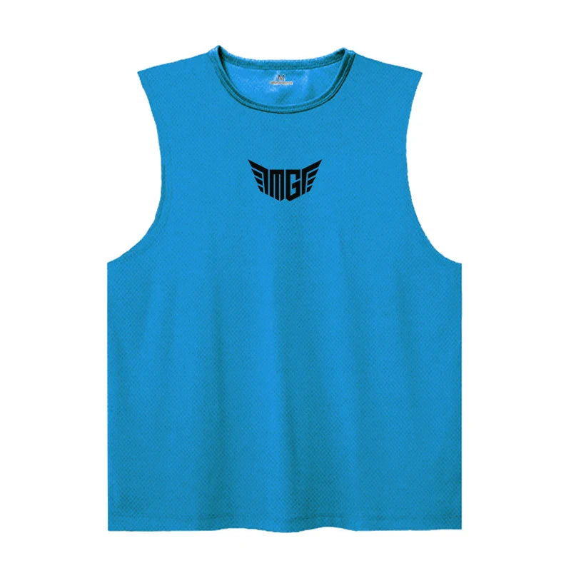 Bright blue sleeveless shirt featuring a black "MGF" logo with wing graphics on the front, perfect for athletic wear.