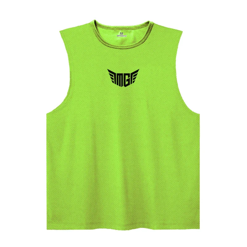 Bright green sleeveless athletic tank top featuring a black "MG" logo with wing design on the front. Ideal for sports and workouts.