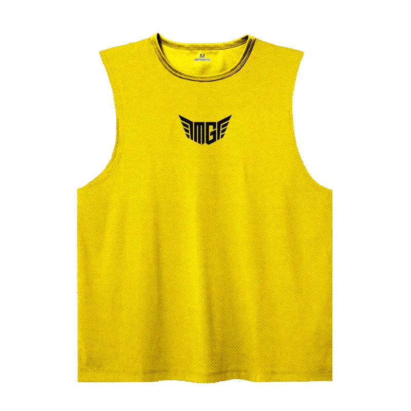 Bright yellow sleeveless athletic tank top featuring a black "MGC" logo with wing design on the chest.