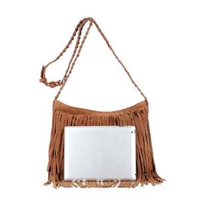 Brown fringed handbag with a shoulder strap, featuring a silver tablet partially tucked inside.