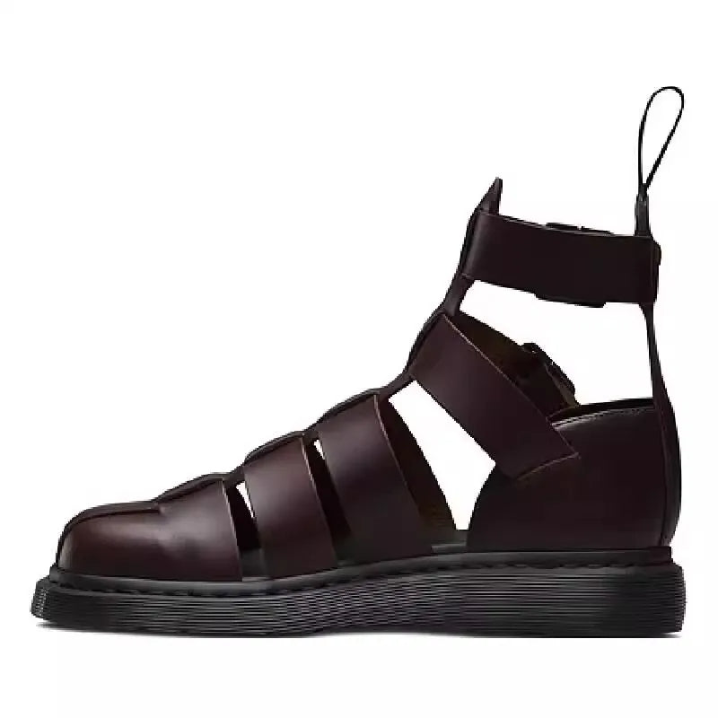 Right shoe of brown strappy sandals