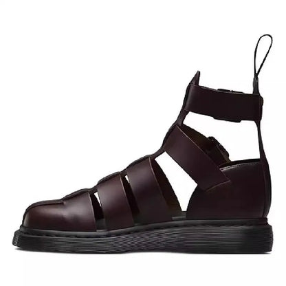 Right shoe of brown strappy sandals