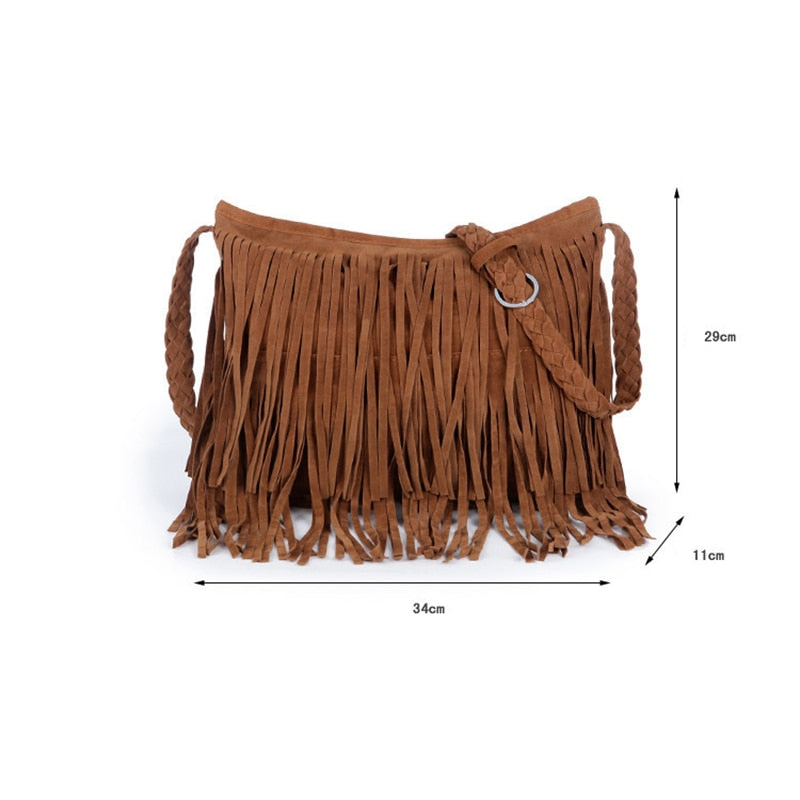 Brown suede fringe bag with braided strap, measuring 34cm x 29cm x 11cm, featuring a stylish and bohemian design.