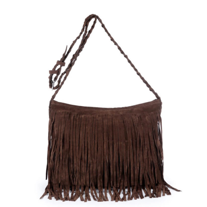 Brown suede fringe handbag with a woven strap, showcasing a bohemian style and detailed fringe along the bottom.