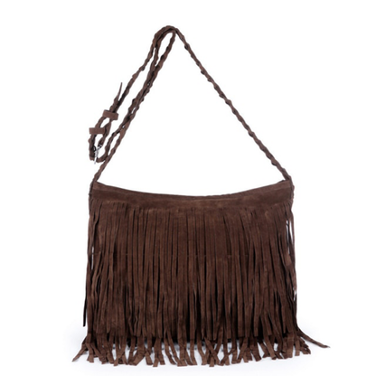 Brown suede fringe handbag with a woven strap, showcasing a bohemian style and detailed fringe along the bottom.