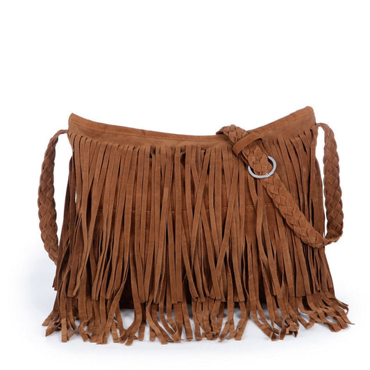 Brown suede handbag with long fringes and a braided strap, featuring a silver ring accent for added style.