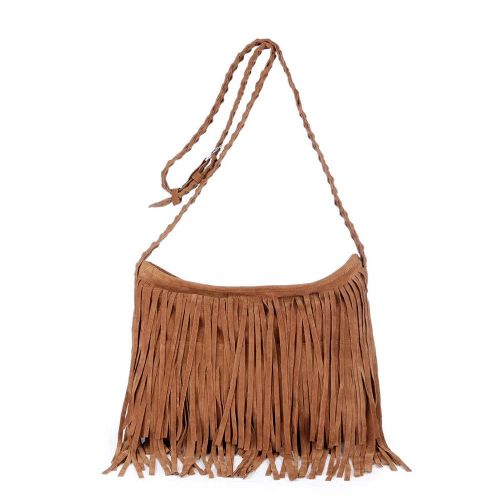 Brown suede shoulder bag with long fringes and a braided strap, showcasing a bohemian style.