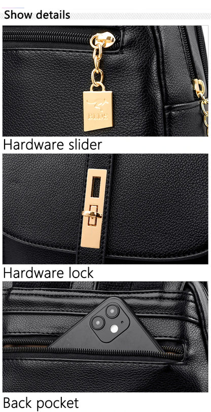 Close-up of a black bag showcasing a gold hardware slider, lock, and a back pocket with a partially visible smartphone.