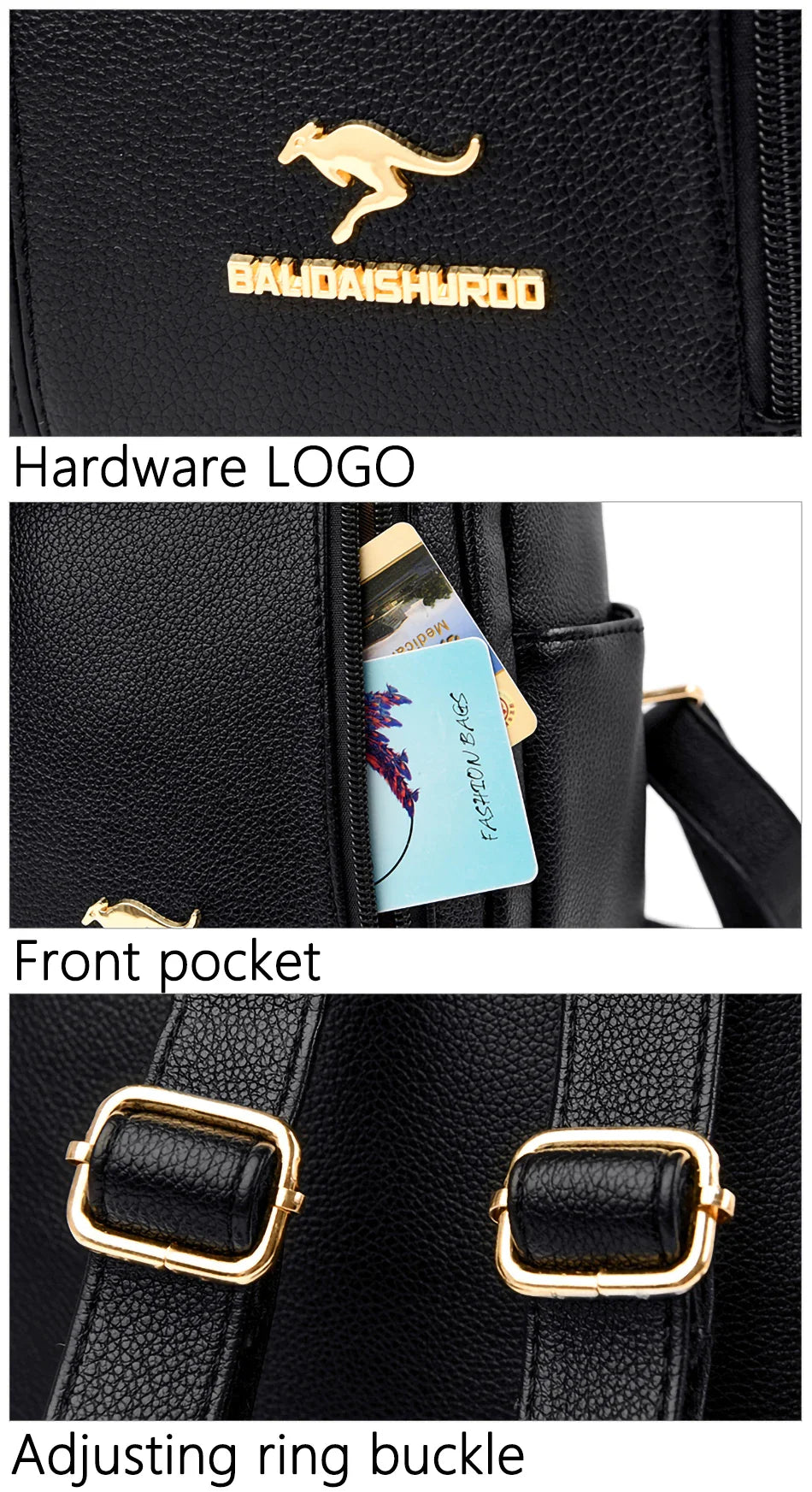 Close-up of a black bag featuring a gold kangaroo logo, front pocket with visible cards, and adjustable strap buckles.