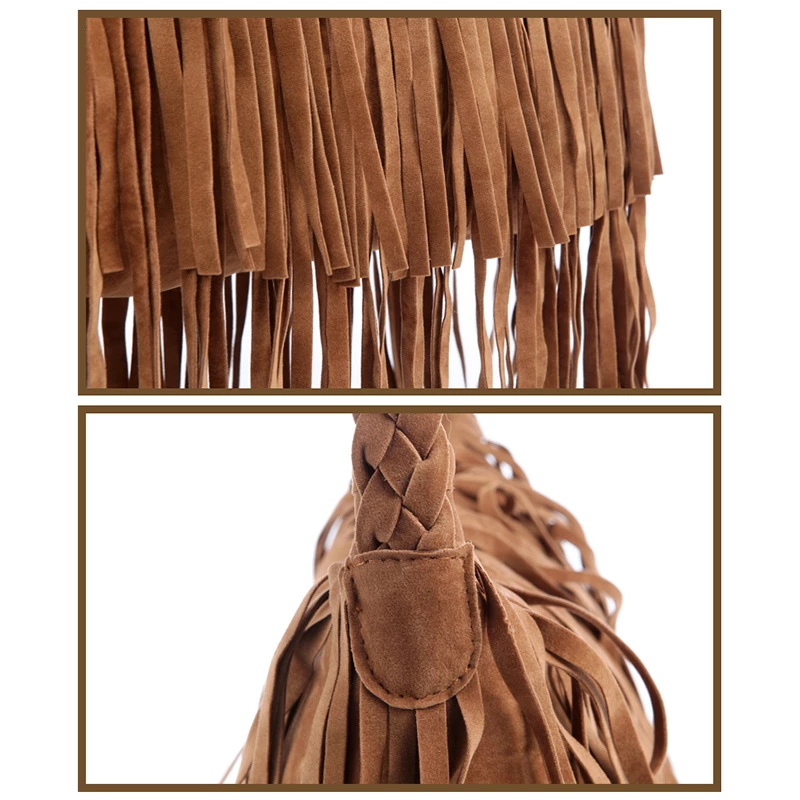 Close-up of a brown suede bag featuring long fringe detailing and a braided strap, showcasing its texture and craftsmanship.