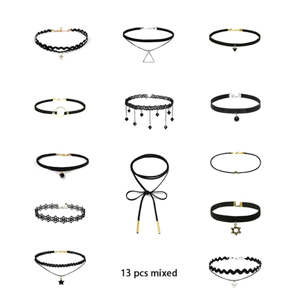 Collection of 13 black chokers featuring varied designs with pendants and lace. Arranged on a white background, showcasing different styles.