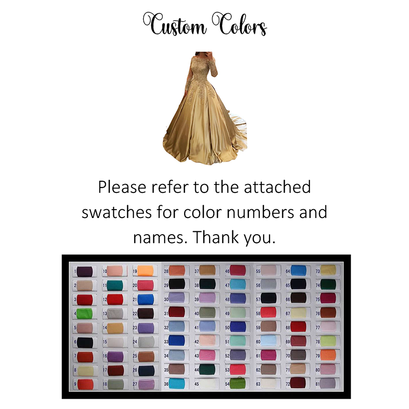 Elegant gold dress on top, "Custom Colors" text, and color swatches with numbers below. Text instructions for selecting colors included.