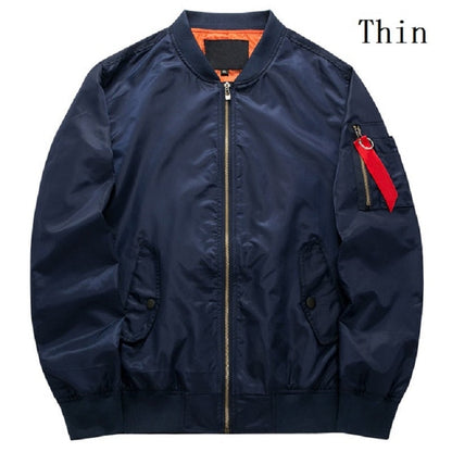 Dark blue bomber jacket with a front zipper, orange inner lining, and red ribbon on the left sleeve. The word "Thin" is in the upper right corner.