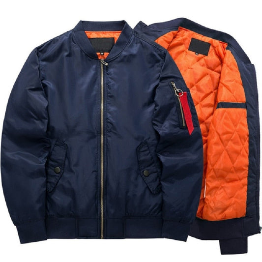 Dark blue bomber jacket with a front zipper, features orange quilted lining and zippered sleeve pocket. Stylish, functional, and versatile design.