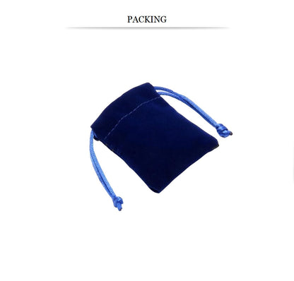 Dark blue velvet pouch with light blue drawstrings, lying on a white background. The simple design suggests elegance and functionality.