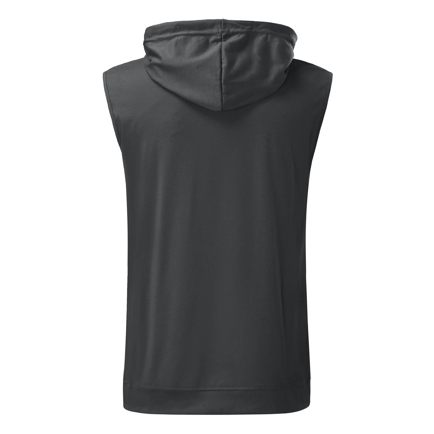 Dark gray sleeveless hoodie seen from the back, showing a smooth texture and a relaxed fit. The hood is up, conveying a casual, sporty vibe.