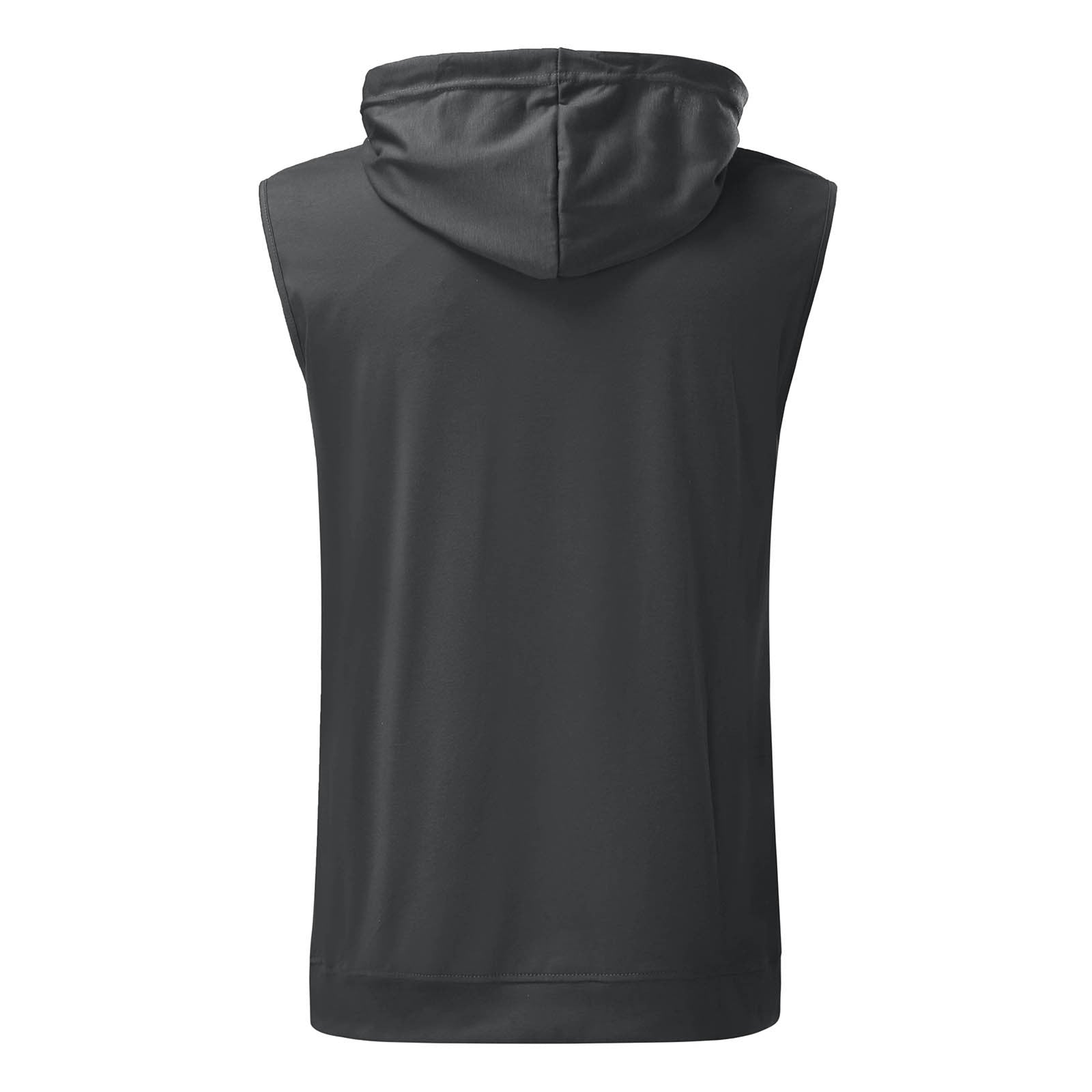 Dark gray sleeveless hoodie seen from the back, showing a smooth texture and a relaxed fit. The hood is up, conveying a casual, sporty vibe.