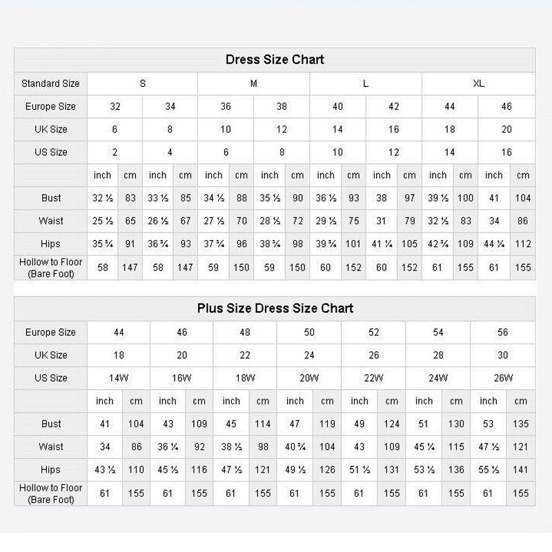 Dress size chart displaying measurements in inches and centimeters for standard sizes S to XL and plus sizes 14W to 26W, including bust, waist, hips, and hollow to floor.