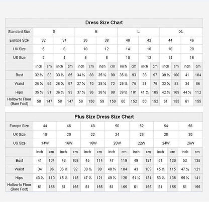 Dress size chart displaying measurements in inches and centimeters for standard sizes S to XL and plus sizes 14W to 26W, including bust, waist, hips, and hollow to floor.