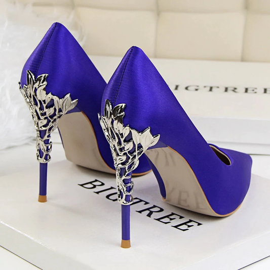 Funki Findz | Shoes | Women's Silk Stilettos | Metal Carved Heels