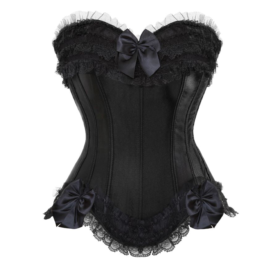 Elegant black corset with lace trim and three satin bows. The lacy texture and sleek fabric convey a vintage, sophisticated tone.