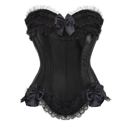 Elegant black corset with lace trim and three satin bows. The lacy texture and sleek fabric convey a vintage, sophisticated tone.