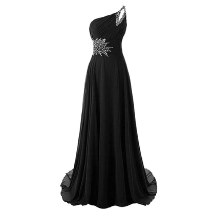 Elegant black evening gown with a one-shoulder design. Features intricate silver embellishments at the waist, enhancing its sophisticated appearance.