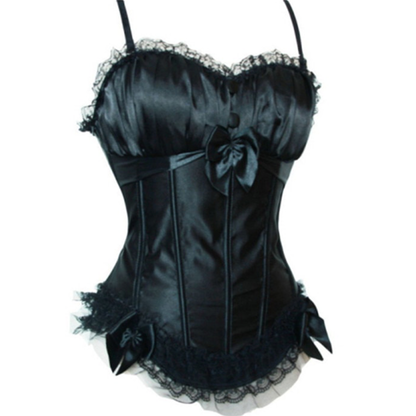 Elegant black satin corset with lace trim and decorative bows. The design is sophisticated and feminine, creating a graceful and stylish look.