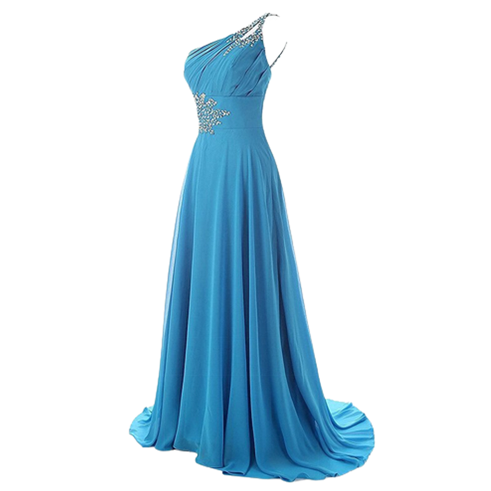 Elegant blue evening gown with an asymmetrical neckline and embellished rhinestones, featuring a flowing skirt and a sophisticated, graceful design.