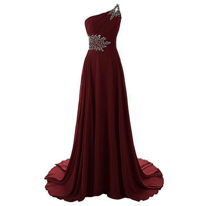 Elegant burgundy one-shoulder dress with a flowing skirt. Features intricate silver embellishments on the bodice, exuding a sophisticated, formal tone.