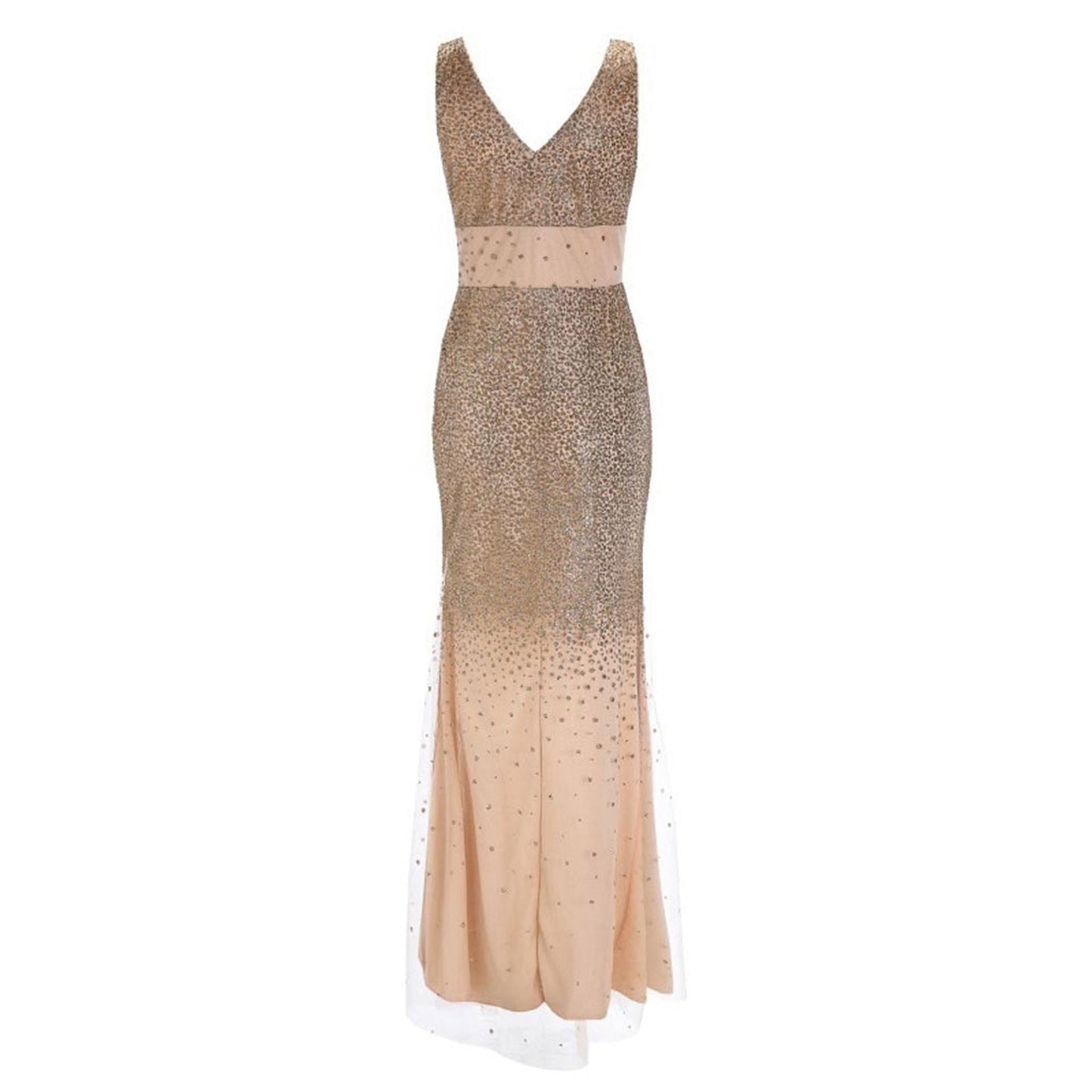 Elegant floor-length gown with a deep V-neckline, featuring a gold sequined bodice and gradient into a peach skirt. The dress exudes glamour and sophistication.