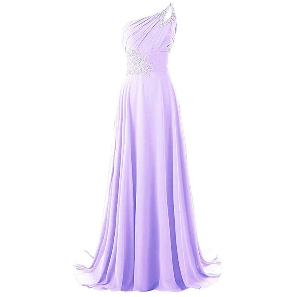 Elegant lavender one-shoulder gown with flowing chiffon layers. Features sparkling embellishments at the waist. Soft, graceful, and sophisticated tone.