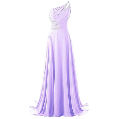 Elegant lavender one-shoulder gown with flowing chiffon layers. Features sparkling embellishments at the waist. Soft, graceful, and sophisticated tone.