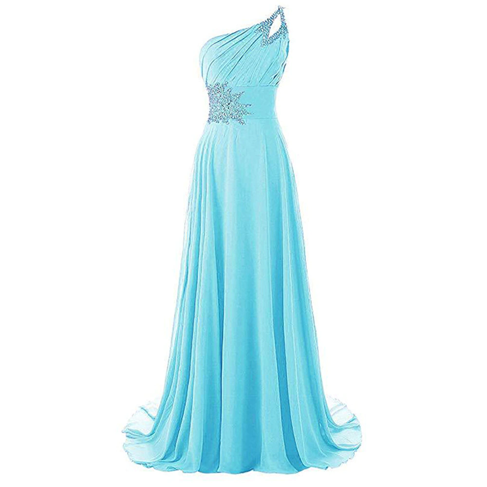 Elegant light blue, one-shoulder gown with flowing skirt and beaded embellishments on waist and strap, conveying a graceful and sophisticated tone.