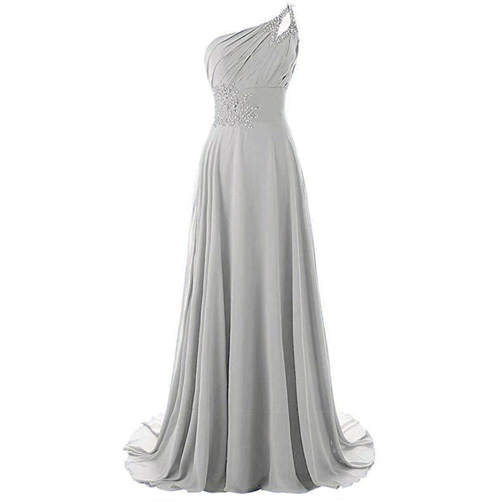 Elegant light gray one-shoulder gown with a beaded waist and pleated bodice. The flowing skirt creates a graceful and sophisticated look.