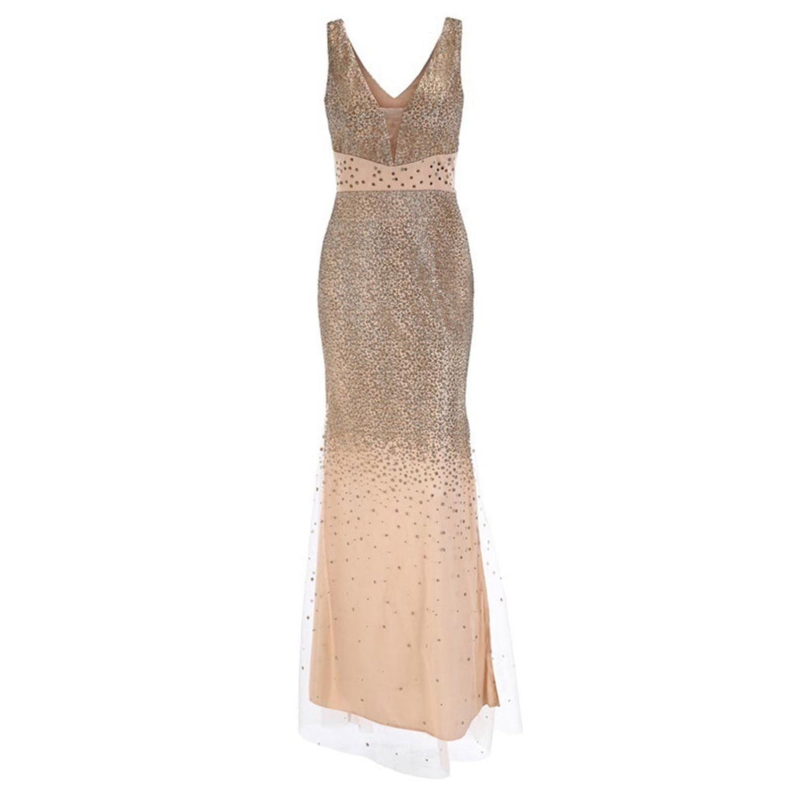 Elegant long gown with a deep V-neckline, shimmering with silver sequins that fade into a smooth beige at the hem, conveying a glamorous tone.