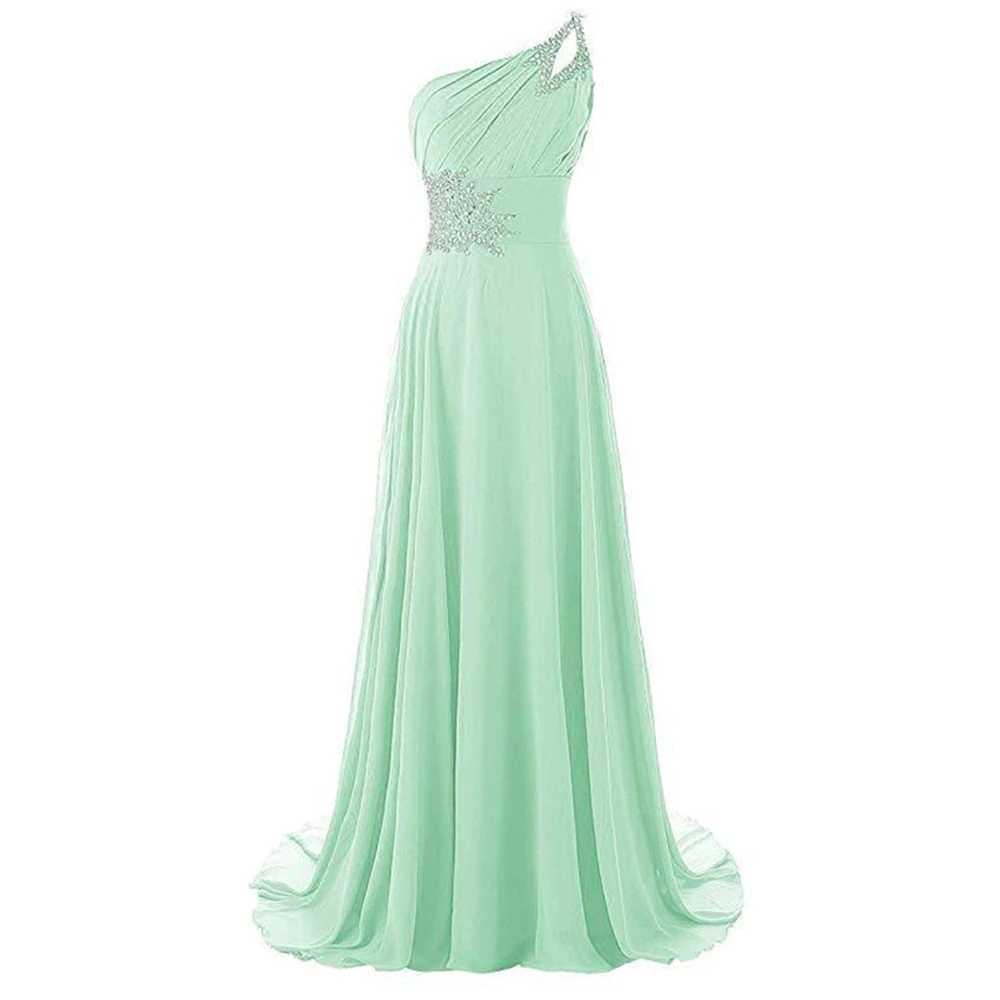 Elegant mint green floor-length gown with a one-shoulder design. Features silver embellishments at the waist and shoulder, creating a graceful, formal look.