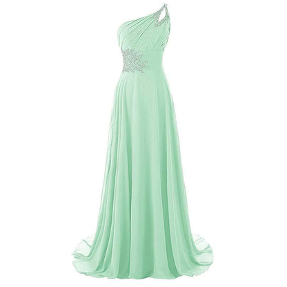 Elegant mint green floor-length gown with a one-shoulder design. Features silver embellishments at the waist and shoulder, creating a graceful, formal look.