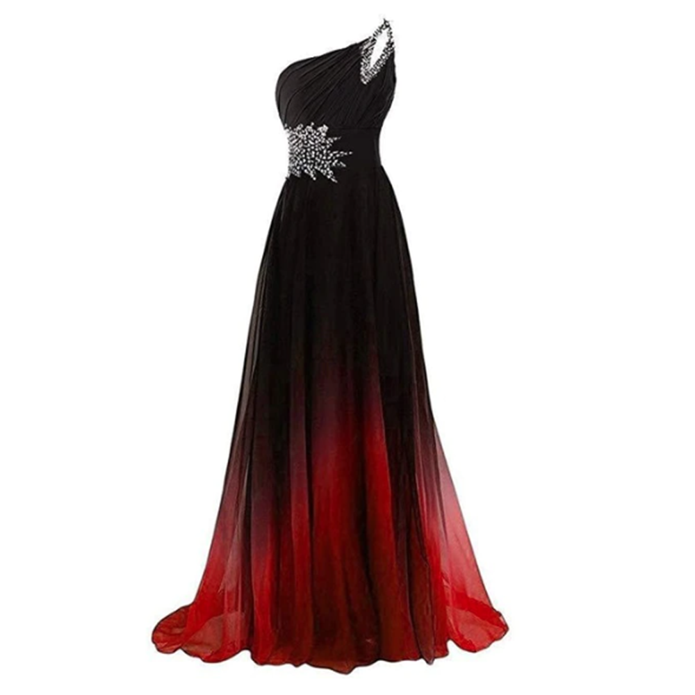 Elegant ombre gown with a single shoulder design, transitioning from black to red. Adorned with white floral embellishments at the waist.