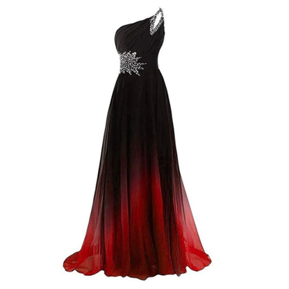 Elegant ombre gown with a single shoulder design, transitioning from black to red. Adorned with white floral embellishments at the waist.