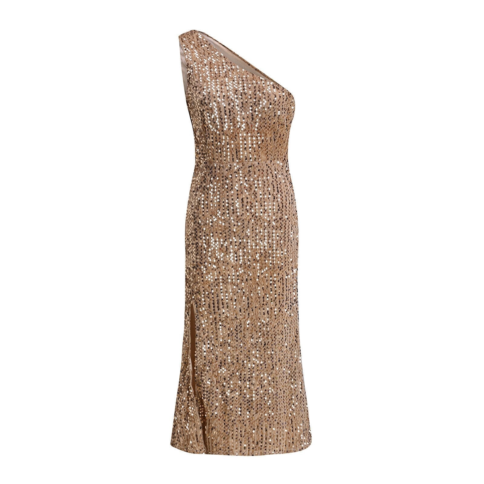 Elegant one-shoulder dress with shimmering sequins in a gold hue. The dress has a form-fitting silhouette and a slit, conveying glamour and sophistication.