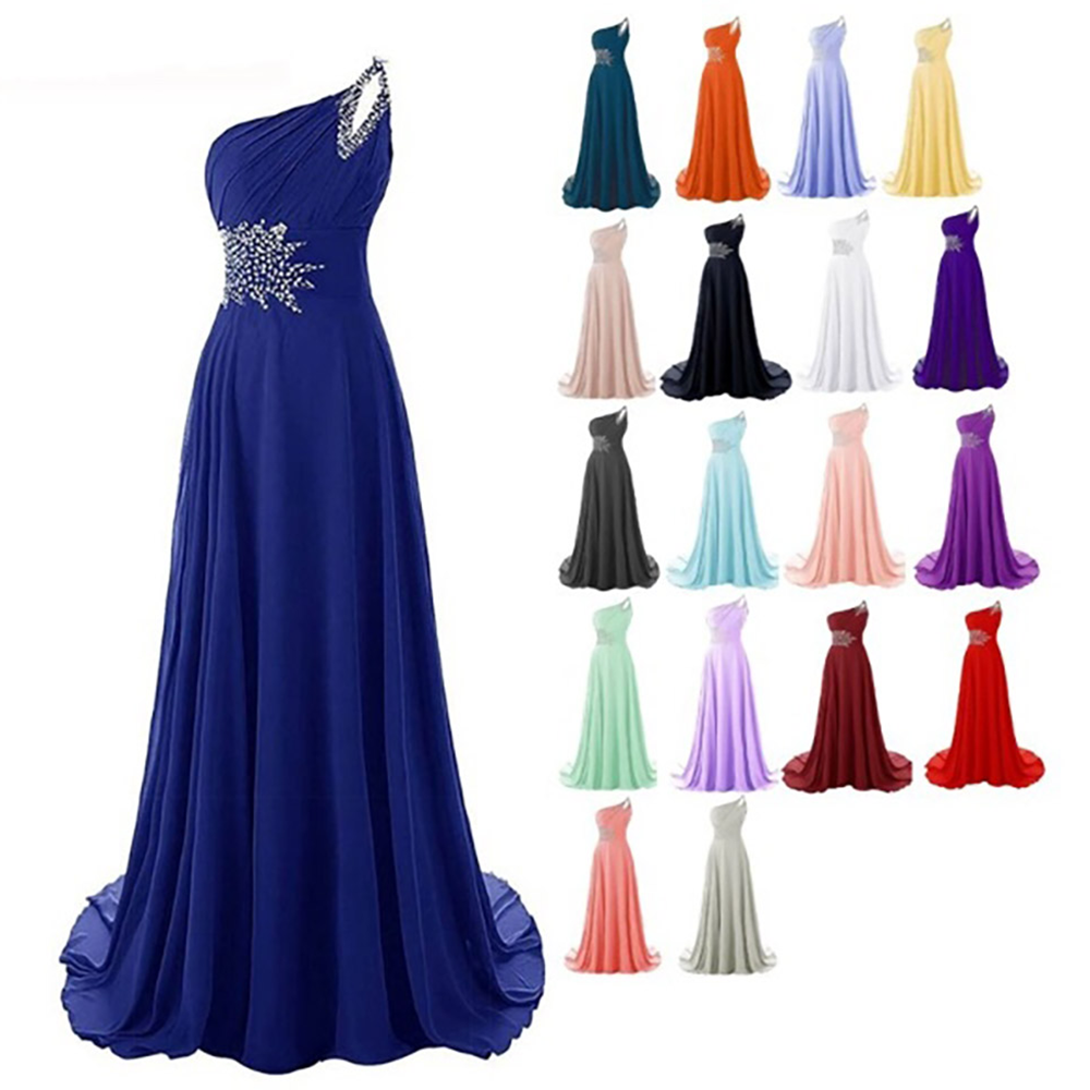 Elegant one-shoulder dress in royal blue with beaded embellishments on the bodice. Displayed with 18 other vibrant color options on the right.