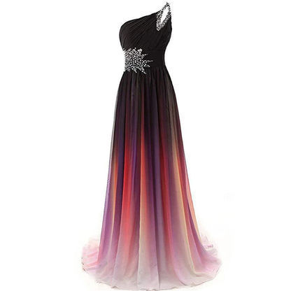 Elegant one-shoulder gown with a black, fitted bodice adorned with silver embellishments. The skirt features a gradient from purple to pink, creating a dramatic, flowing effect.