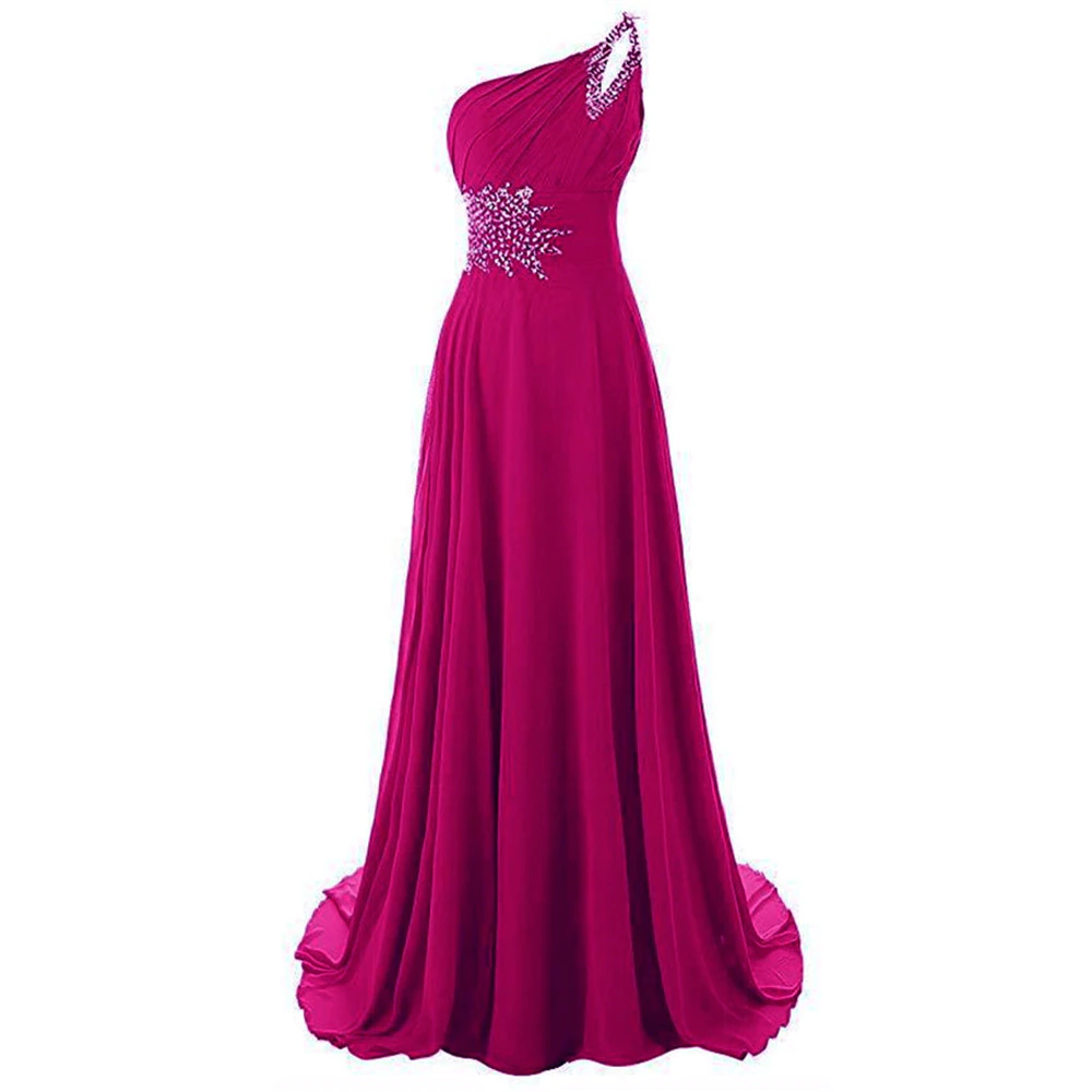 Elegant one-shoulder magenta evening gown with sparkling embellishments on the bodice and strap, featuring a flowing floor-length skirt.