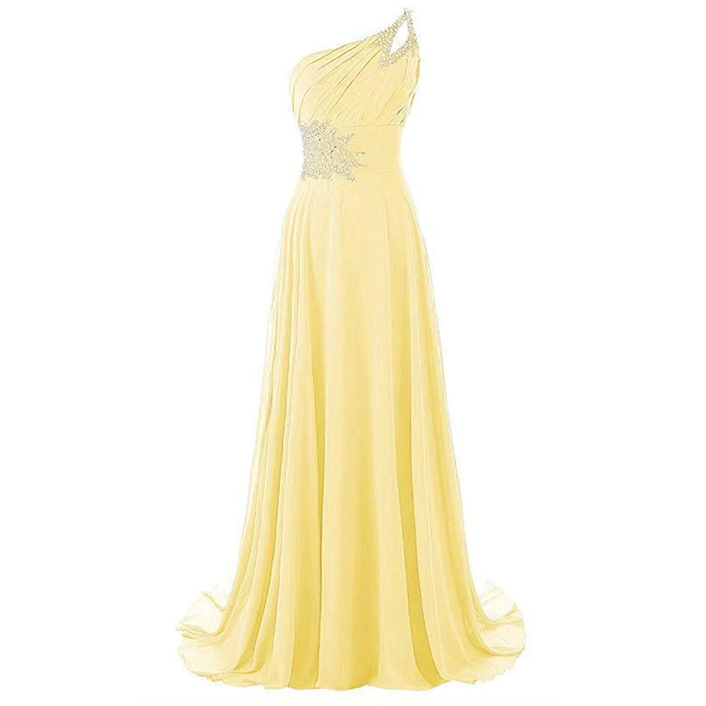 Elegant one-shoulder yellow evening gown with a flowing skirt and sparkly embellishments on the bodice, conveying a graceful and glamorous style.