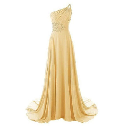 Elegant one-shoulder yellow gown with flowing skirt and intricate floral lace detail on the bodice. The design exudes grace and sophistication.