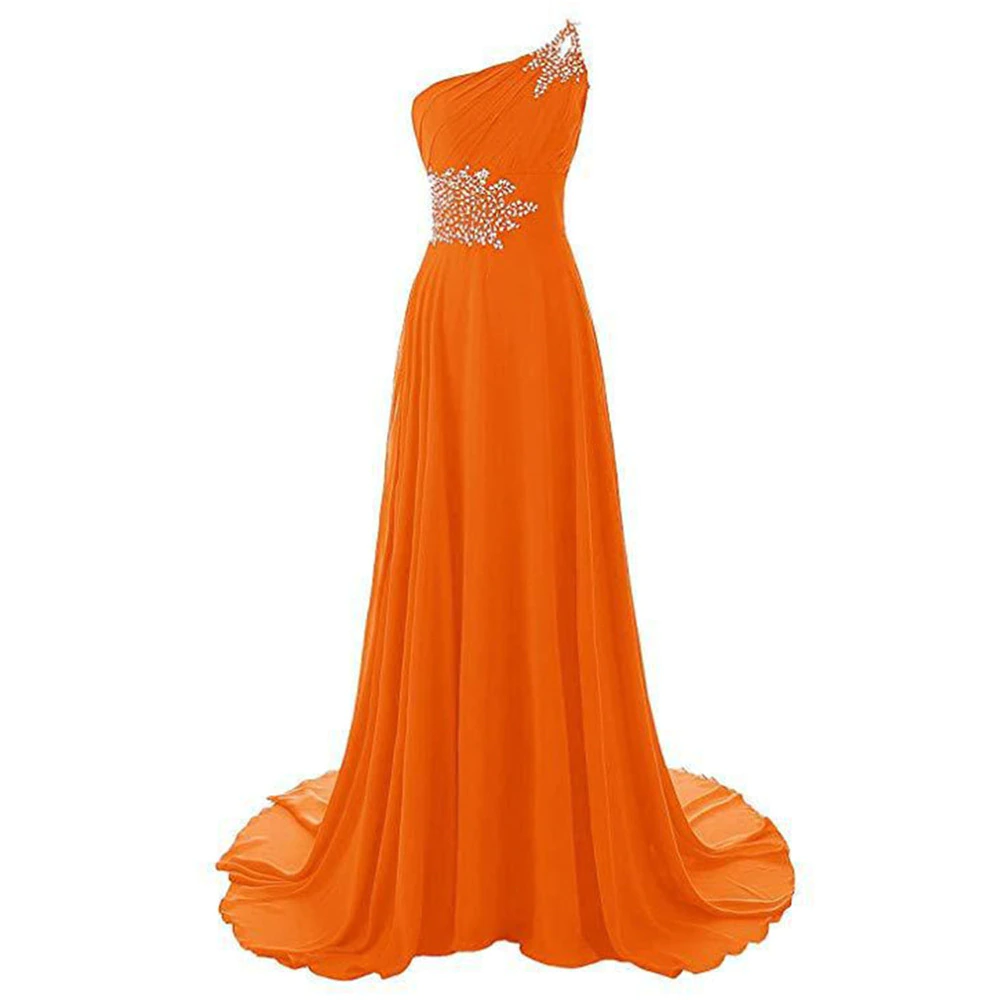 Elegant orange evening gown with one-shoulder design, adorned with sparkling floral bead patterns on the bust and waist, flowing floor-length skirt.
