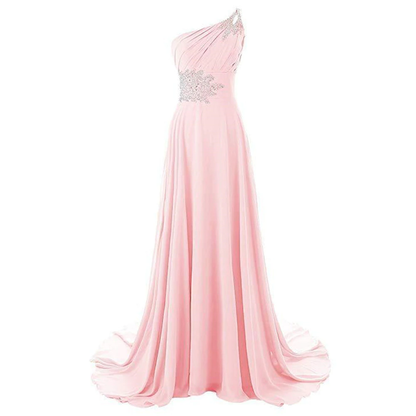 Elegant pink chiffon gown with a one-shoulder design, embellished with silver floral beading at the waist and shoulder. Flowy and graceful.