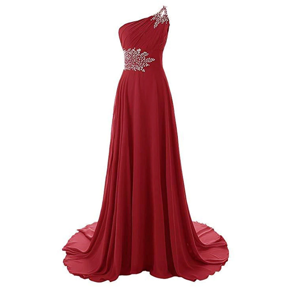 Elegant red one-shoulder evening gown with intricate white floral embellishments on the bodice and waist, featuring a flowing and graceful A-line silhouette.
